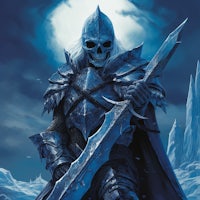 a skeleton holding a sword in the snow